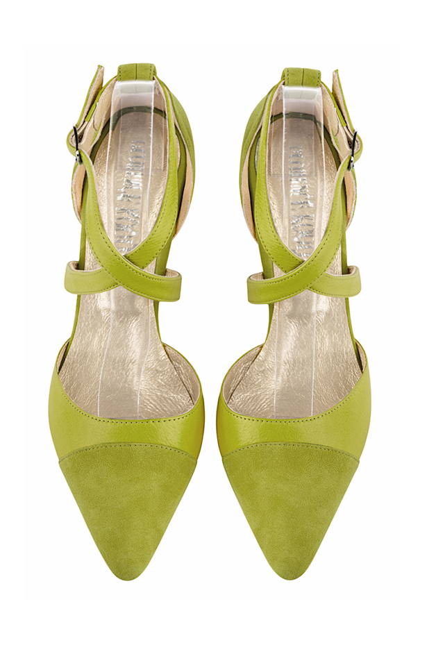 Pistachio green women's open side shoes, with crossed straps. Tapered toe. Medium comma heels. Top view - Florence KOOIJMAN